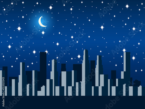 City at night with the moon and stars. Vector illustration.