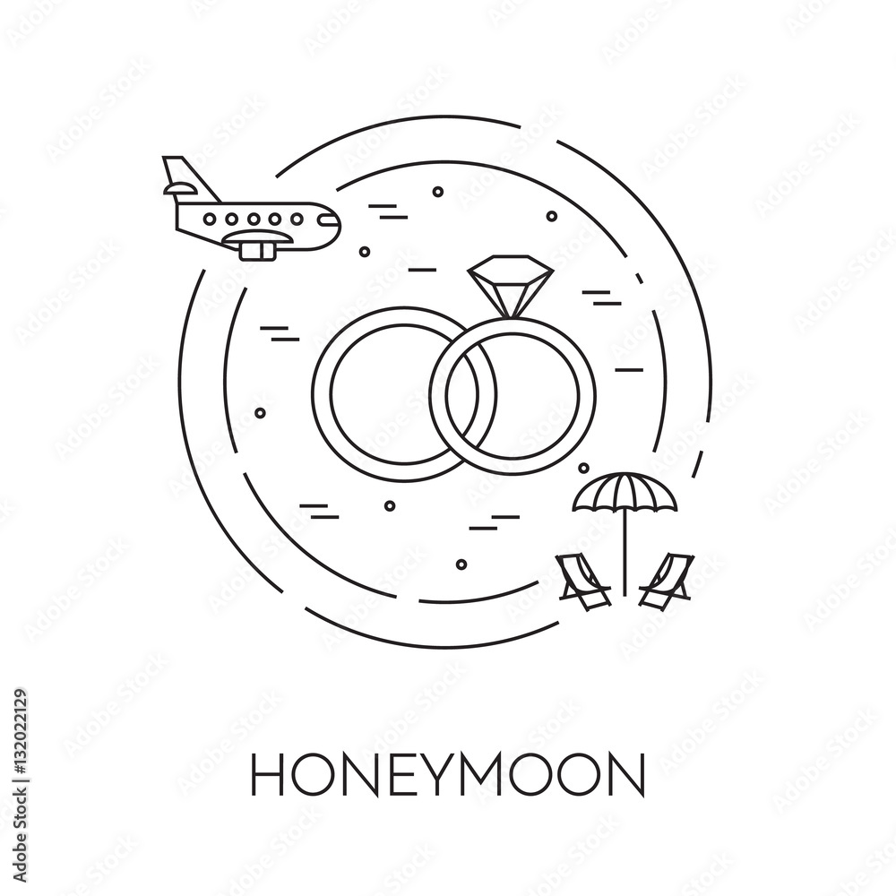Honeymoon banner with wedding rings Line art Stock Vector | Adobe Stock