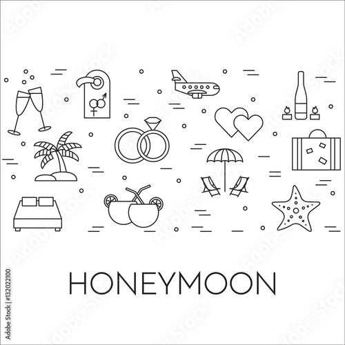 Horizontal banner with honeymoon symbols Line art