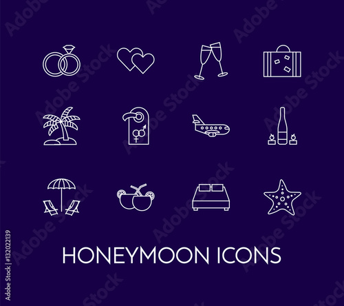 Set of thin line icons with honeymoon symbols Wedding trip