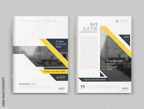 Abstract composition. White a4 brochure cover design. Info banner frame. Text font. Title sheet model set. Modern vector front page. Brand logo texture. Yellow color figures image icon. Ad flyer fiber