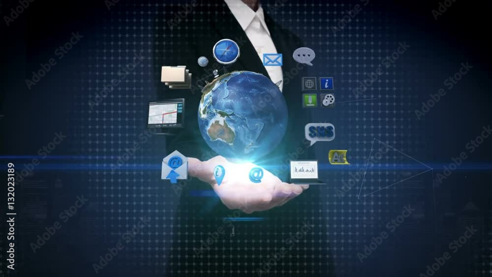 Businesswoman open palm, Rotating earth, expanding social network service. artificial satellite, Communication technology Businesswoman open palm, Rotating earth, expanding social network service. artificial satellite, Communication technology