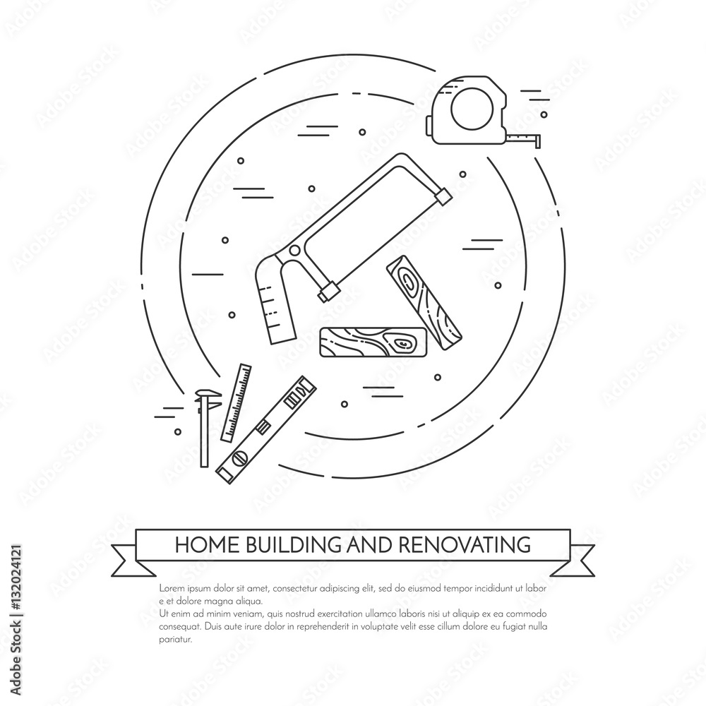 Fototapeta premium House remodel horizontal banner with building tools Line art