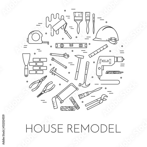 House remodel horizontal banner with building tools Line art