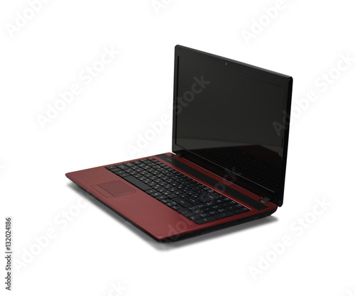Red laptop with black screen.