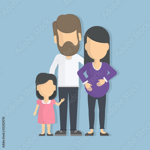 Isolated family with pregnant woman. People without faces. Dad, mother and daughter. Happy relationships.