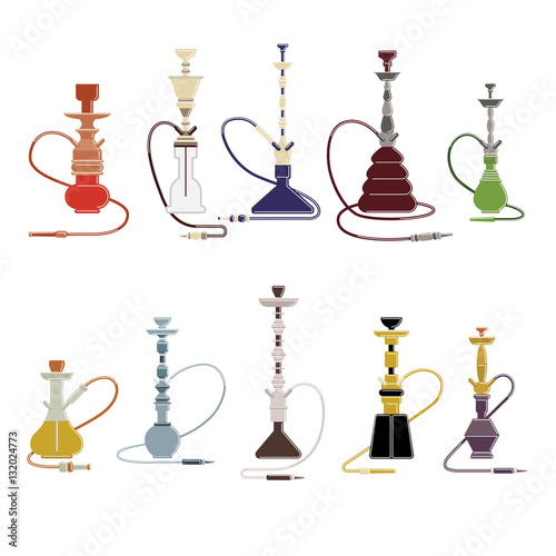 Isolated hookahs set on white background. Oriental smoking objects with pipe and tube.