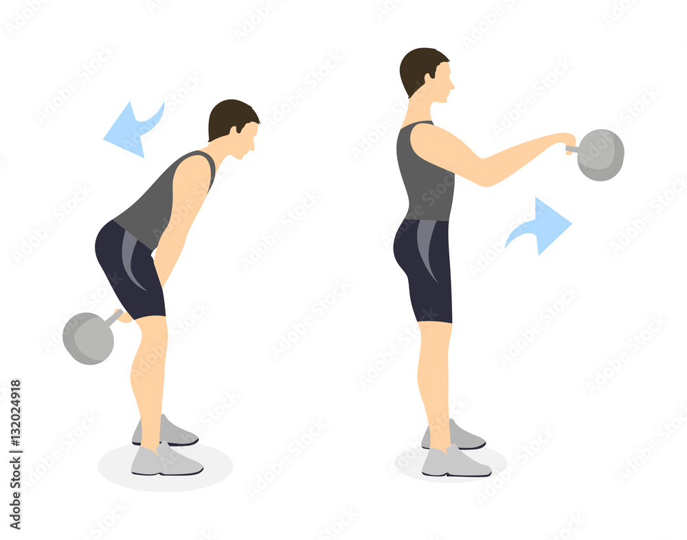 Kettlebell swings exercise on white background. Crossfit exercise for