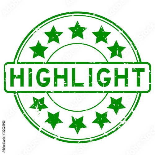 Grunge green highlight with star icon round rubber stamp