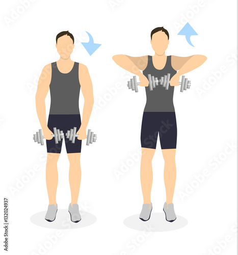 Arms exercise for men on white background. Workout with dumbbels. Heavy weights.