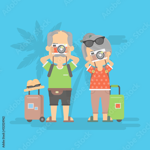 Isolated retired couple on vacation. Happy funny grandparents with cameras and suitcases.