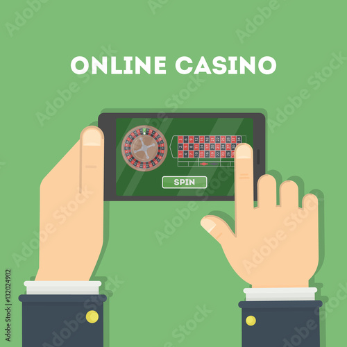 Online casino in the tablet. Hands holding device with gambling game. Gaming addiction.