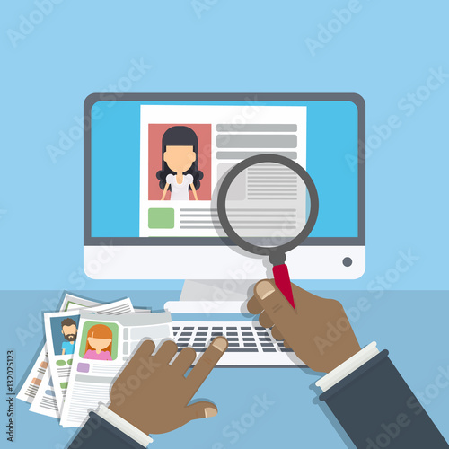 Supervising and accepting the resume. Director considering cv, finding new staff. Computer screen with magnifyer glass.