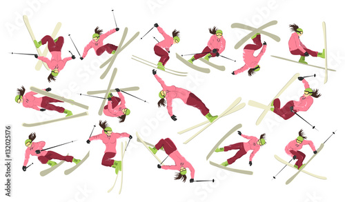 Extreme female skier set on white background. Winter sport. Professional athlete.
