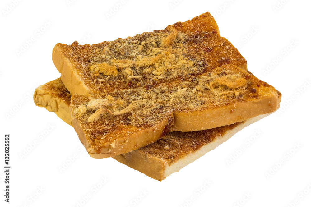 Crispy bread pasted with Thai chilli bread and shredded dried pork, isolated on white background.