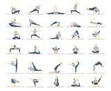 Yoga workout set on white background. Different poses and asanas.