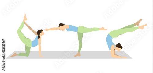 Yoga workout set on white background. Different poses and asanas. Healthy lifestyle. Body stretching. Relaxing training. © inspiring.team