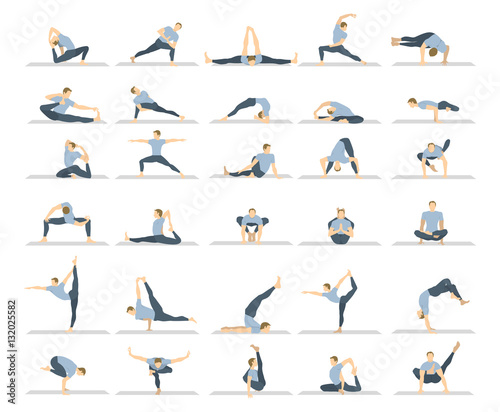 Yoga workout set on white background. Different poses and asanas.