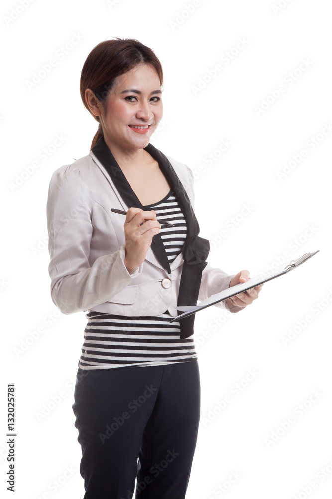 Young Asian business woman with pen and clipboard. Young Asian business woman with pen and clipboard.