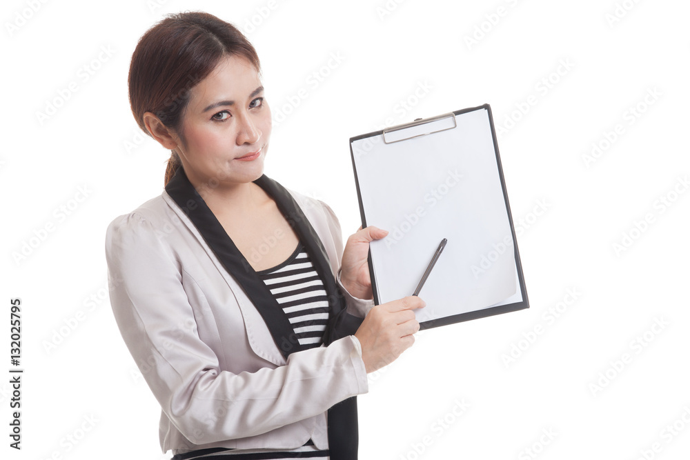 Unhappy Asian business woman point to clipboard with pen. Unhappy Asian business woman point to clipboard with pen.
