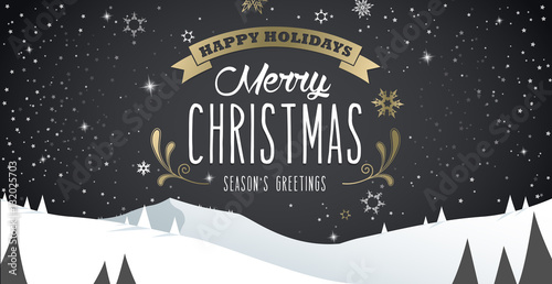 Winter mountain landscape scenery, Merry Christmas text with pin