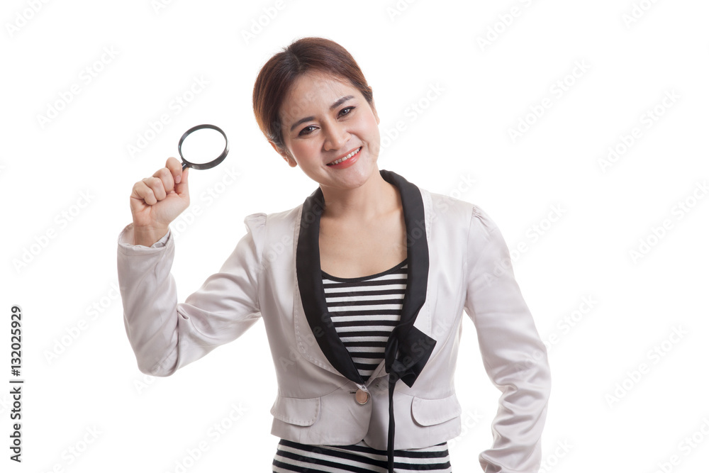 Young Asian business woman with a magnifying glass. Young Asian business woman with a magnifying glass.