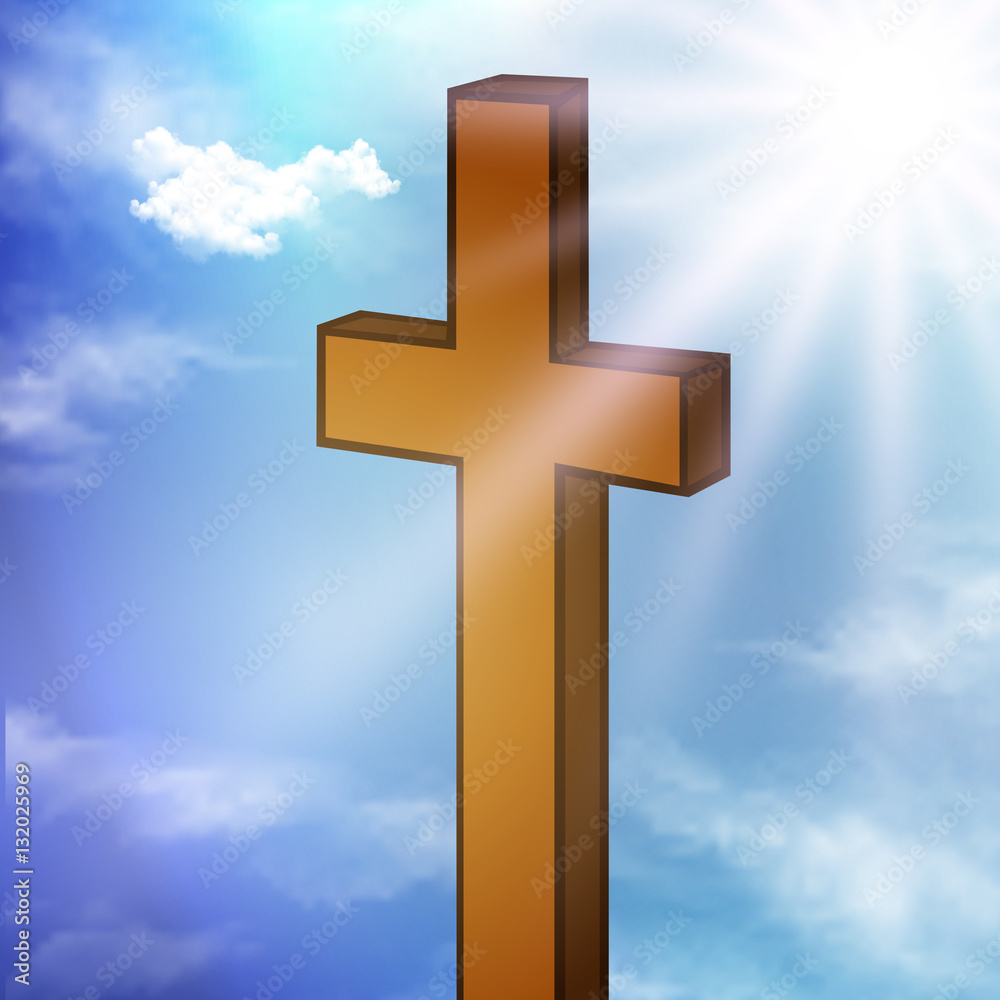 wooden cross against the sky and light