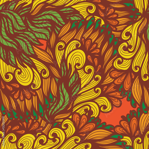 Seamless floral orange and green bright doodle pattern