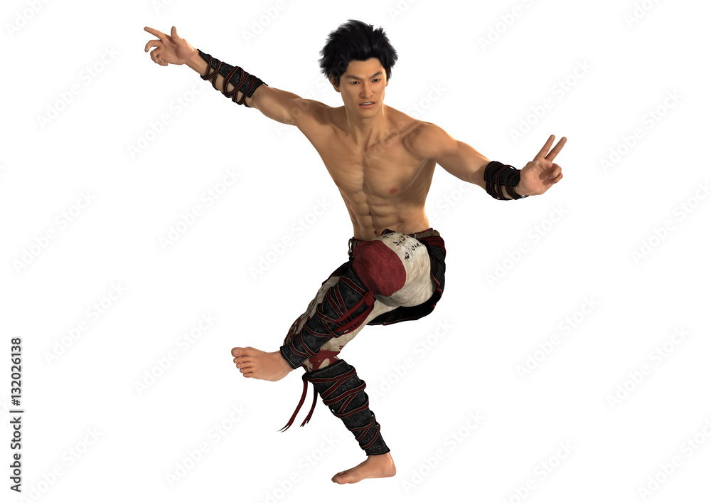 3D Rendering Fighting Monk on White