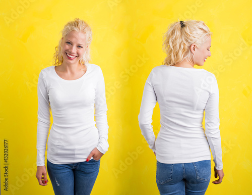Fotografija Woman in white long sleeve shirt on yellow background