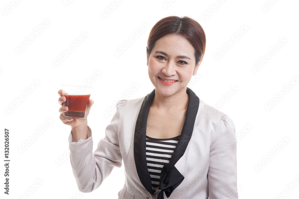 Young Asian business woman drink tomato juice. Young Asian business woman drink tomato juice.