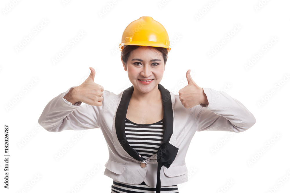 Asian engineer woman thumbs up with both hands. Asian engineer woman thumbs up with both hands.
