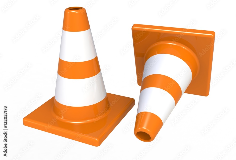 Orange highway traffic construction cones with white stripes isolated on white background Orange highway traffic construction cones with white stripes isolated on white background