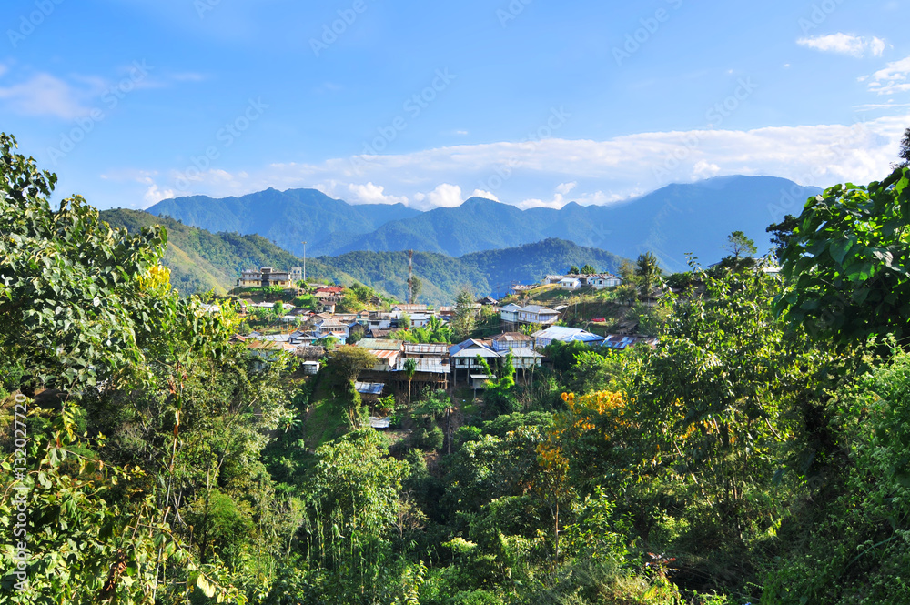 View of the Raga village of the Miri tribe (MishingI in the Indian Arunchal Pradesh state
 - obrazy, fototapety, plakaty 