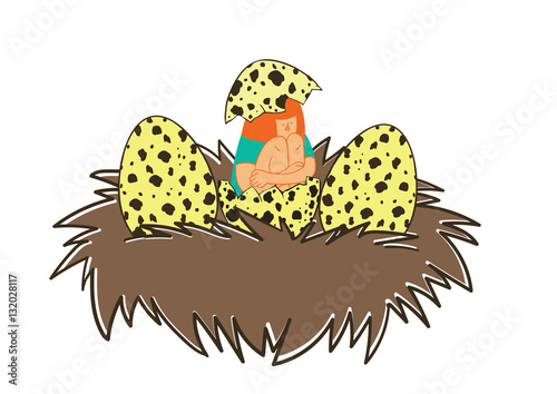 Girl hatching out of birds ' nests.