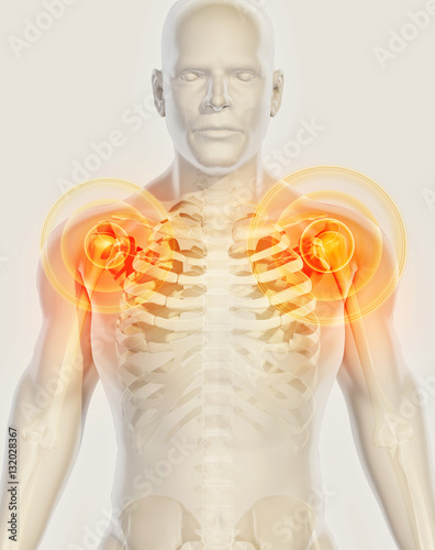Shoulder painful skeleton x-ray, 3D illustration.