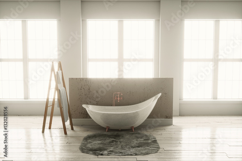 3D-rendering of a bathtub on a wooden floor in front of large windows.The layout of the industrial loft interior.