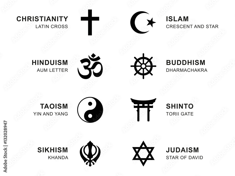 World religion symbols. Eight signs of major religious groups and religions. Christianity, Islam, Hinduism, Buddhism, Taoism, Shinto, Sikhism and Judaism, with English labeling. Illustration. Vector. - obrazy, fototapety, plakaty 