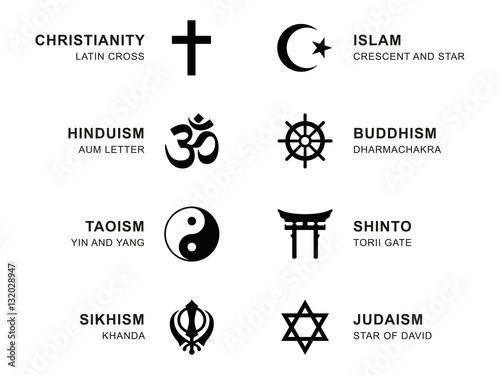 World religion symbols. Eight signs of major religious groups and religions. Christianity, Islam, Hinduism, Buddhism, Taoism, Shinto, Sikhism and Judaism, with English labeling. Illustration. Vector. photo