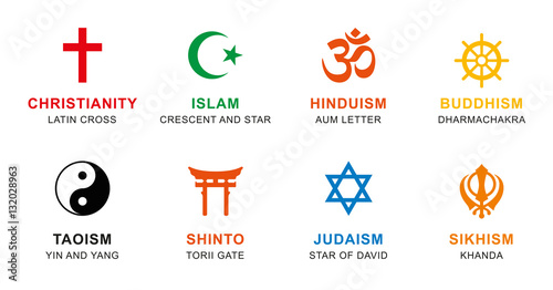 World religion symbols colored. Signs of major religious groups and religions. Christianity, Islam, Hinduism, Buddhism, Taoism, Shinto, Sikhism and Judaism, with English labeling. Illustration. Vector photo
