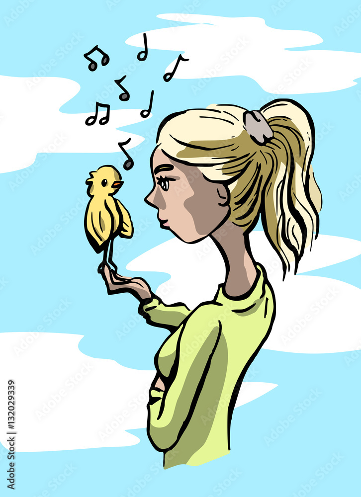 Vogel zingt op hand