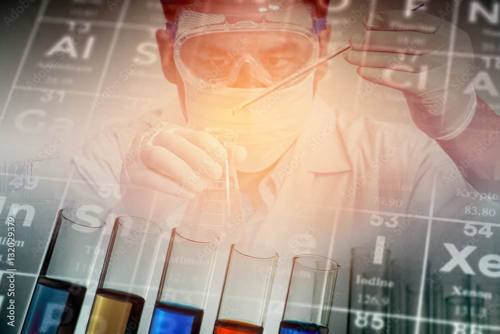 Double exposure of scientist and laboratory test tube Double exposure of scientist and laboratory test tube
