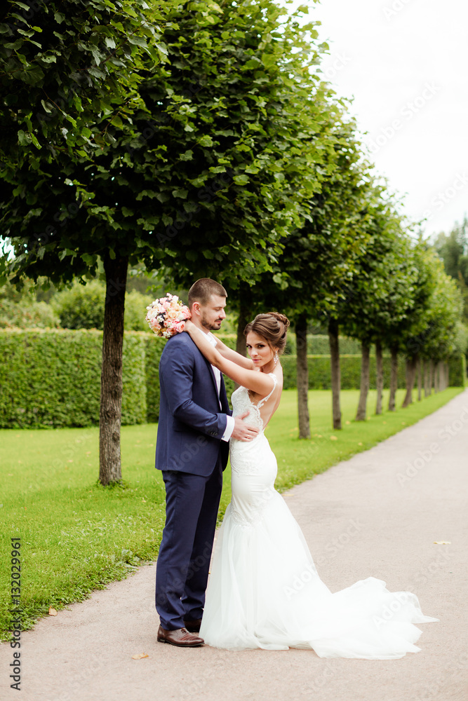 wedding couple, beautiful young bride and groom standing in a park 