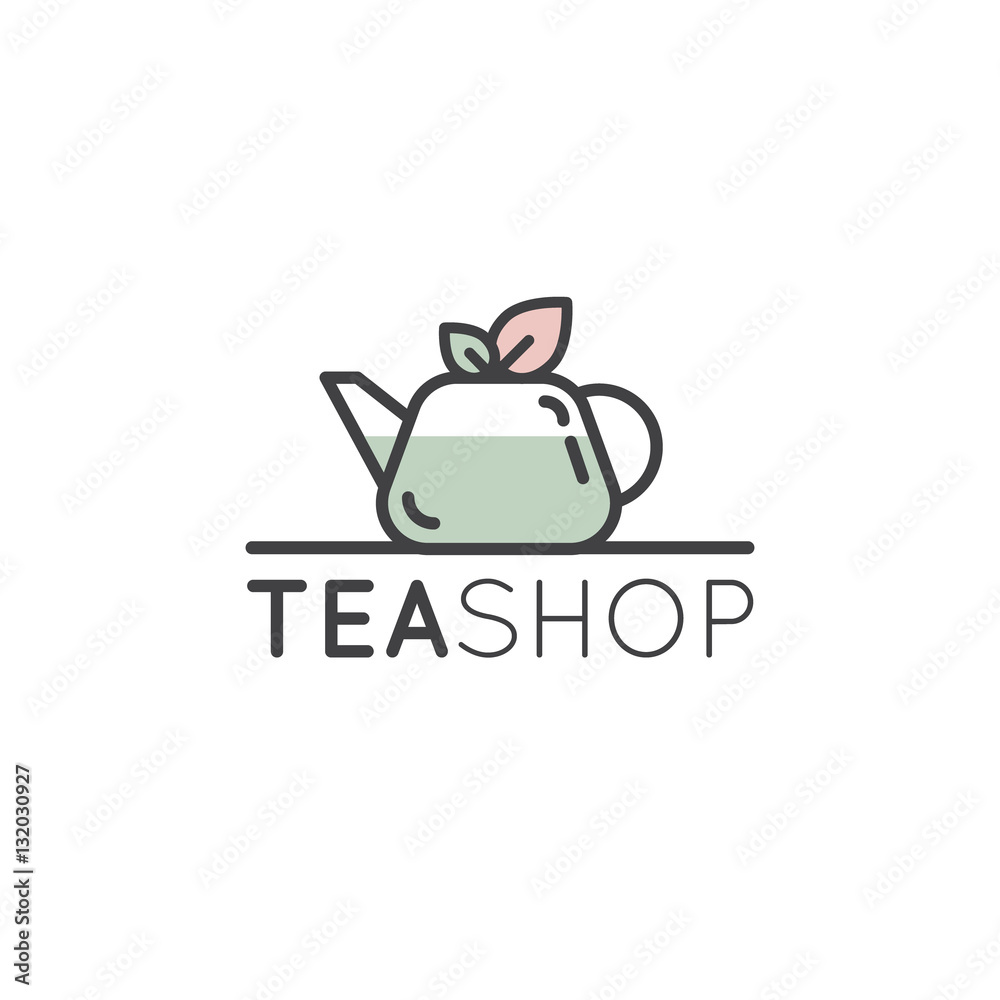 Vector Flat Icon Style Illustration Logo for Organic Green tea Shop for Healthy Lifestyle. Cup of Organic Green Tea and Fresh Green Leafs