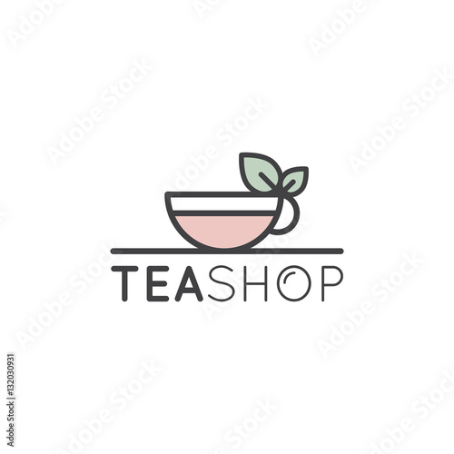 Vector Flat Icon Style Illustration Logo for Organic Green tea Shop for Healthy Lifestyle. Cup of Organic Green Tea and Fresh Green Leafs