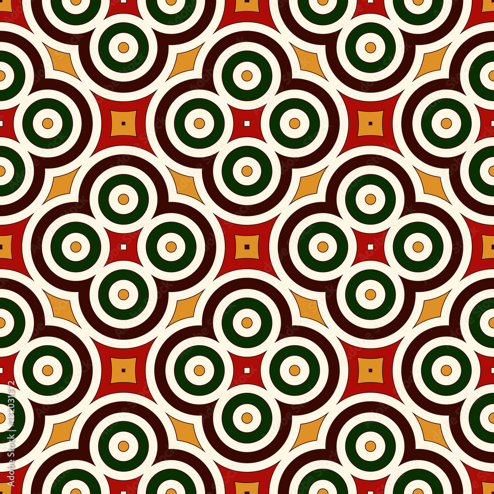 Seamless pattern in Christmas traditional colors. Abstract background with bright geometric ornament.