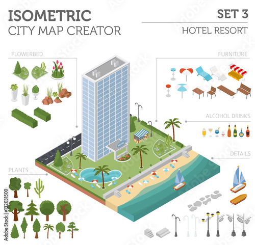 Flat 3d isometric resort hotel  and city map constructor element