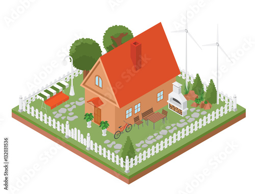 Flat 3d isometric house and city map elements such as building,