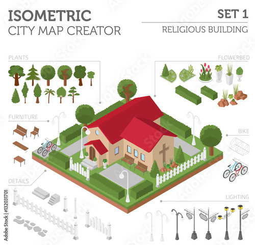 Religious architecture. Flat 3d isometric church and city map cr