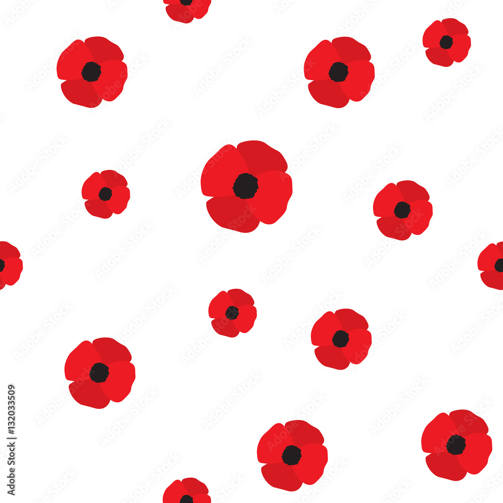Red poppy seamless pattern. Repeating texture with flowers. Simple vector floral continuous background in flat style. - obrazy, fototapety, plakaty 